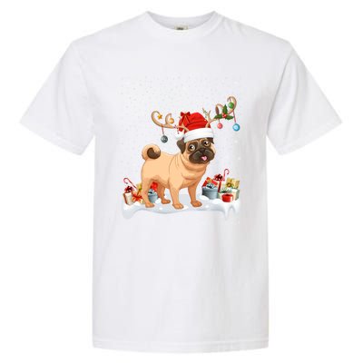 Pug Dog Xmas Lights Reindeer Santa Pug Christmas Gift Garment-Dyed Heavyweight T-Shirt