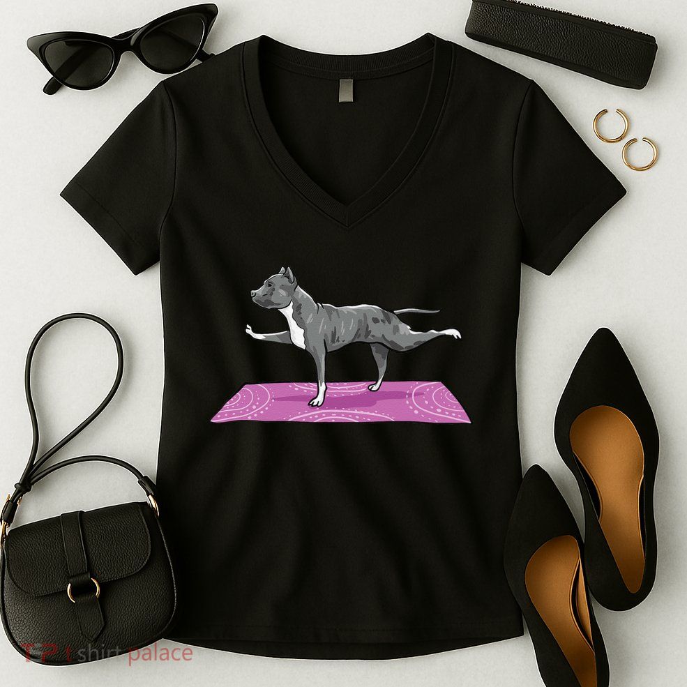 Pitbull Doing Yoga Funny Pitbull Dog Lover Yogi Teacher Women's V-Neck T-Shirt