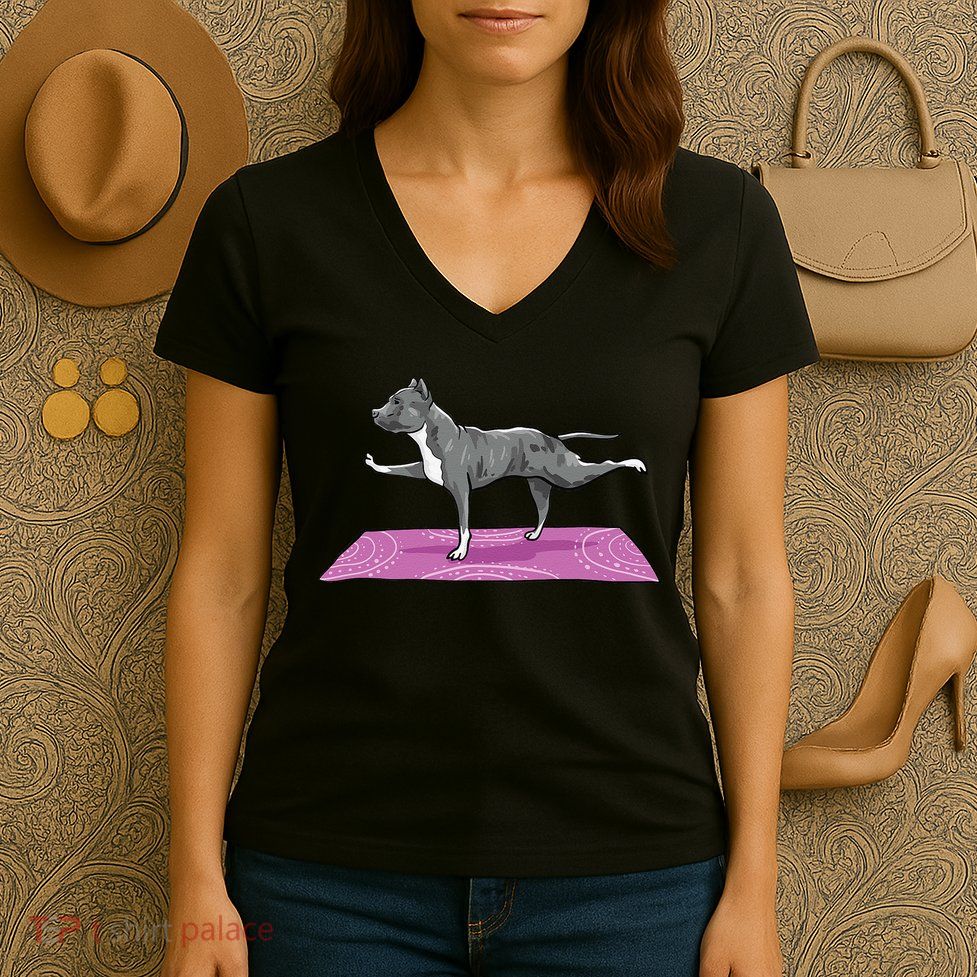 Pitbull Doing Yoga Funny Pitbull Dog Lover Yogi Teacher Women's V-Neck T-Shirt