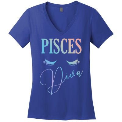 Pisces Diva Zodiac Birthday Horoscope Queen Lashes March Gift Women's V-Neck T-Shirt