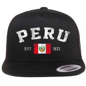 Peru Est. 1821 Peruvian Flag Independence Day Flat Bill Trucker Hat