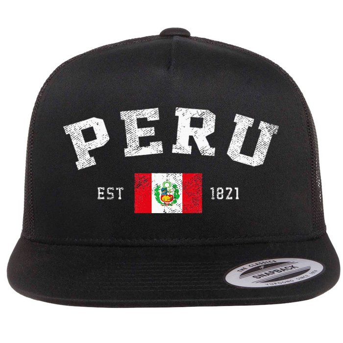 Peru Est. 1821 Peruvian Flag Independence Day Flat Bill Trucker Hat