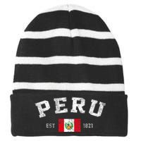 Peru Est. 1821 Peruvian Flag Independence Day Striped Beanie with Solid Band