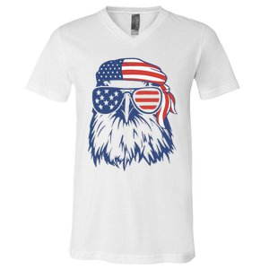 Patriotic Eagle 4th Of July Sunglasses USA American Flag V-Neck T-Shirt