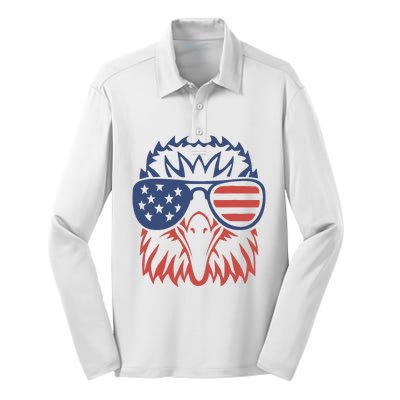 Patriotic Eagle 4th of July USA American Flag Design Silk Touch Performance Long Sleeve Polo