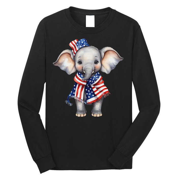 Patriotic Elephant 4th Of July Us Flag Long Sleeve Shirt