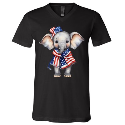 Patriotic Elephant 4th Of July Us Flag V-Neck T-Shirt