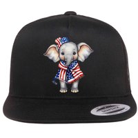 Patriotic Elephant 4th Of July Us Flag Flat Bill Trucker Hat