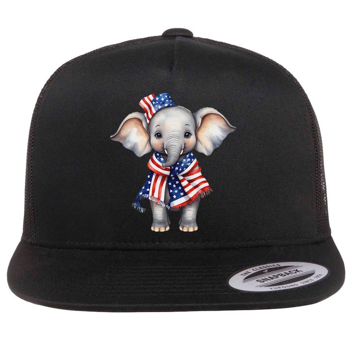 Patriotic Elephant 4th Of July Us Flag Flat Bill Trucker Hat