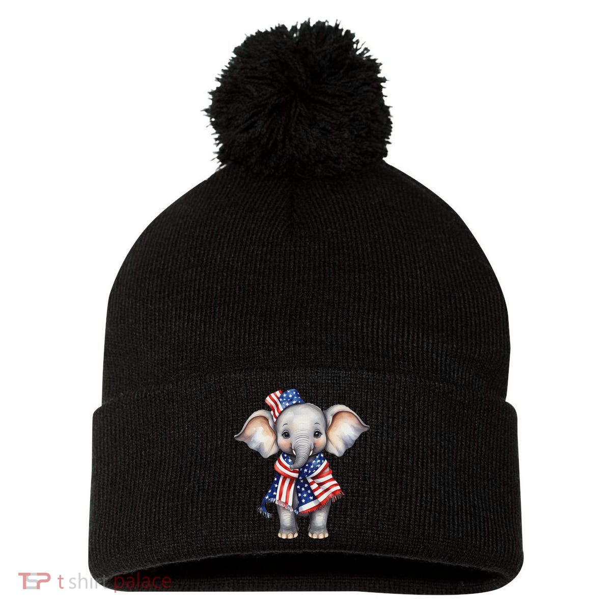 Patriotic Elephant 4th Of July Us Flag Pom Pom 12in Knit Beanie