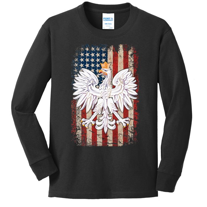 Polish Eagle American Flag Pride Poland Kids Long Sleeve Shirt