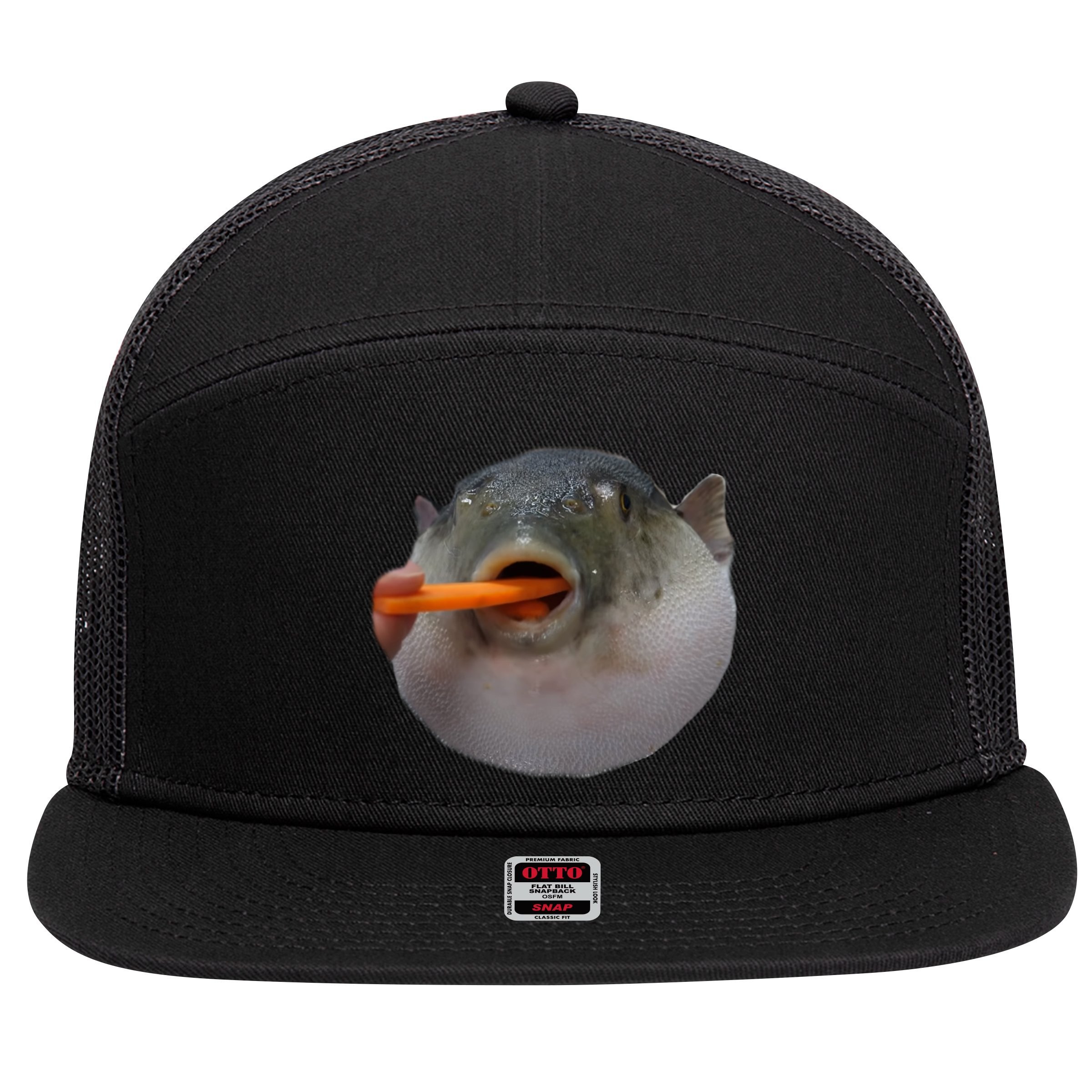 Pufferfish Eating A Carrot Meme Funny Blowfish Dank Memes Gift 7 Panel Mesh Trucker Snapback Hat