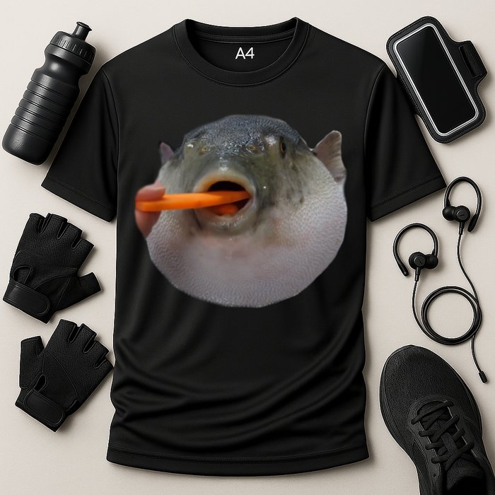 Pufferfish Eating A Carrot Meme Funny Blowfish Dank Memes Gift Cooling Performance Crew T-Shirt