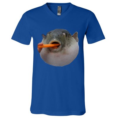 Pufferfish Eating A Carrot Meme Funny Blowfish Dank Memes Gift V-Neck T-Shirt