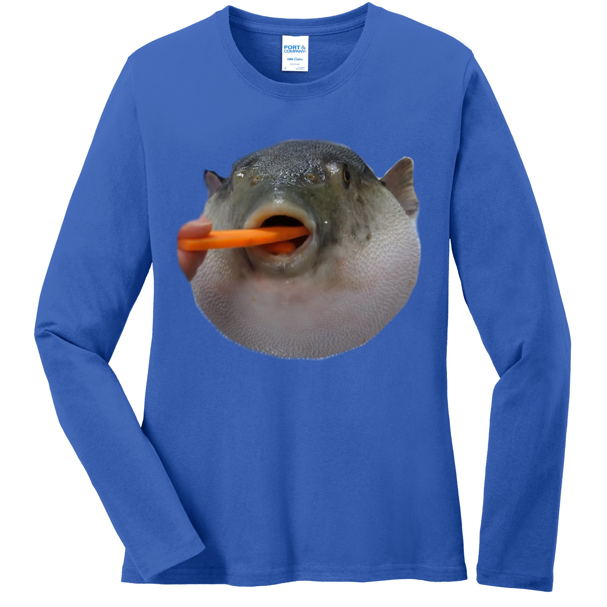 Pufferfish Eating A Carrot Meme Funny Blowfish Dank Memes Gift Ladies Long Sleeve Shirt