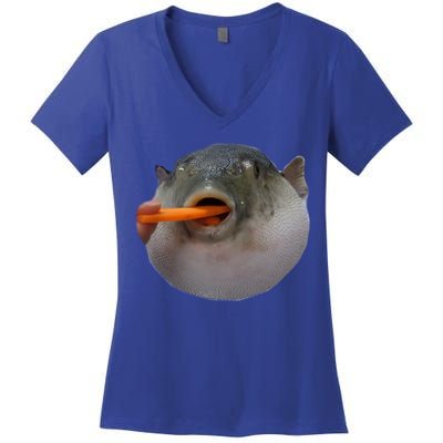 Pufferfish Eating A Carrot Meme Funny Blowfish Dank Memes Gift Women's V-Neck T-Shirt
