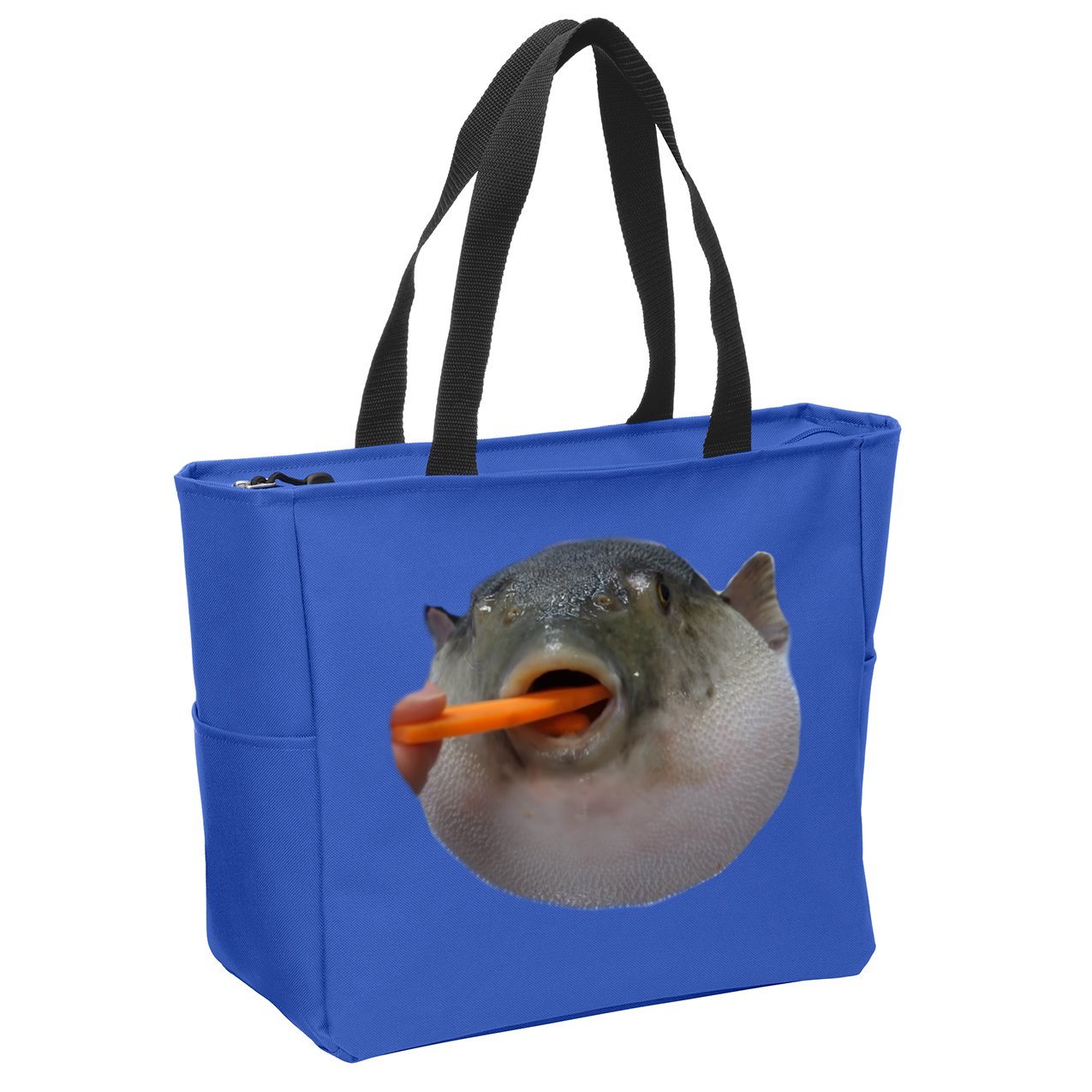 Pufferfish Eating A Carrot Meme Funny Blowfish Dank Memes Gift Zip Tote Bag