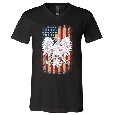 Polish Eagle American Flag Pride Poland V-Neck T-Shirt