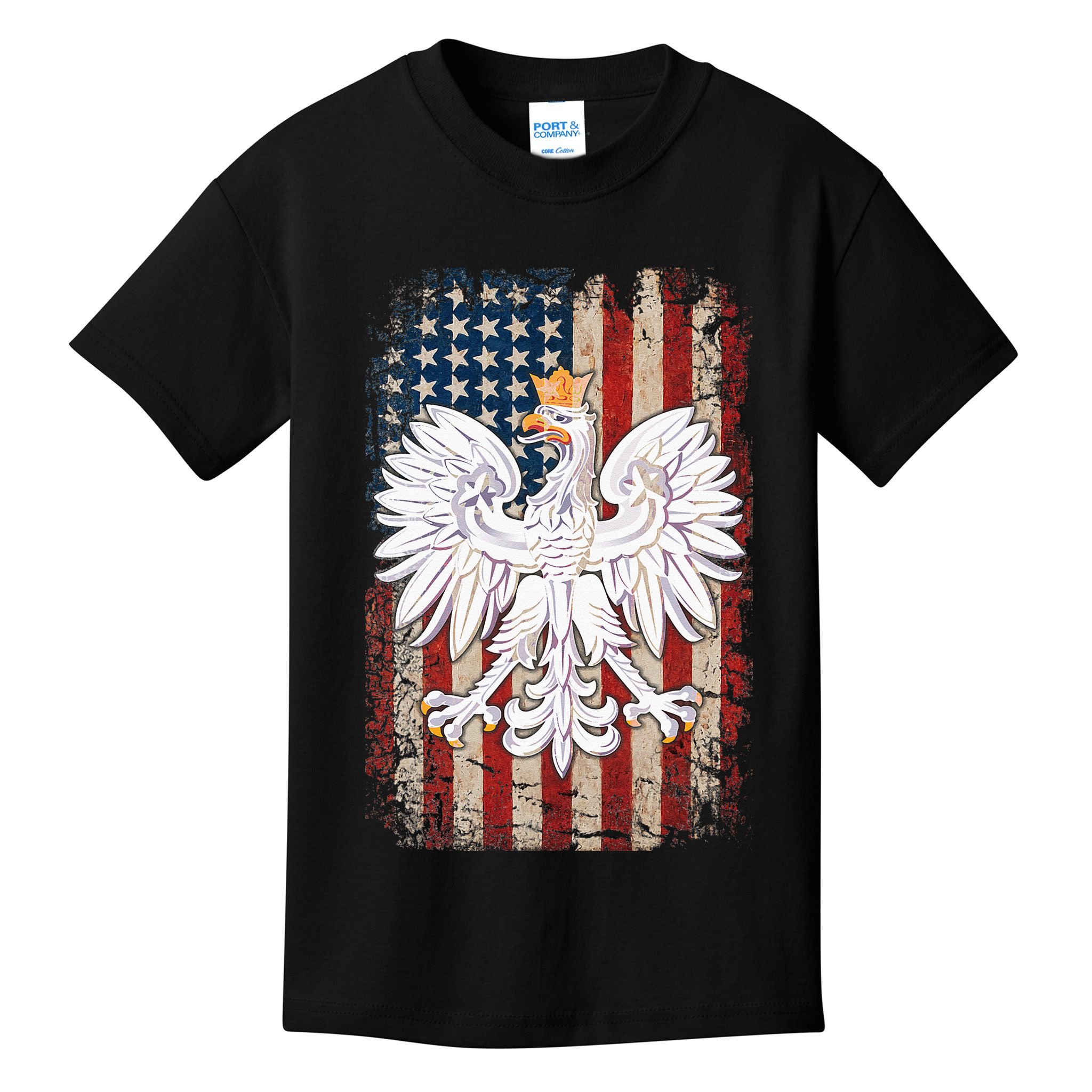 Polish Eagle American Flag Pride Poland Kids T-Shirt