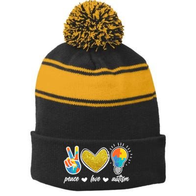 Peace Love & Autism Autism Awareness Month Stripe Pom Pom Beanie