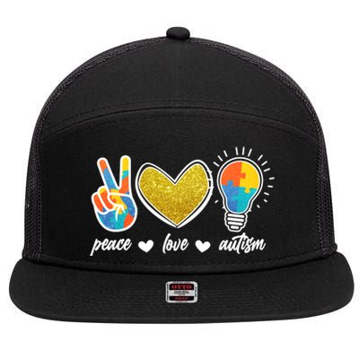 Peace Love & Autism Autism Awareness Month 7 Panel Mesh Trucker Snapback Hat