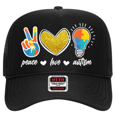 Peace Love & Autism Autism Awareness Month High Crown Mesh Back Trucker Hat