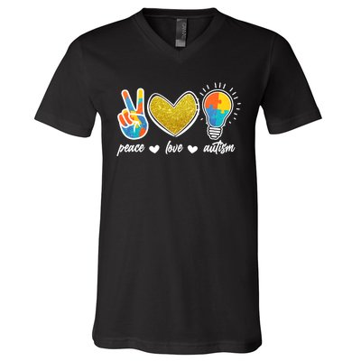 Peace Love & Autism Autism Awareness Month V-Neck T-Shirt