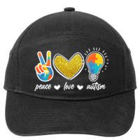 Peace Love & Autism Autism Awareness Month 7-Panel Snapback Hat