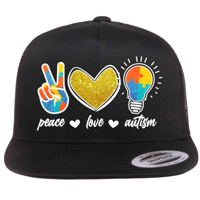 Peace Love & Autism Autism Awareness Month Flat Bill Trucker Hat