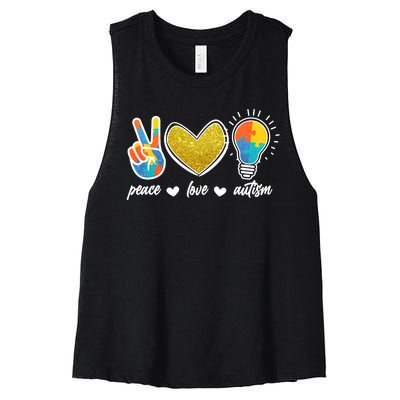 Peace Love & Autism Autism Awareness Month Women's Racerback Cropped Tank