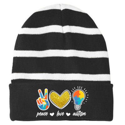 Peace Love & Autism Autism Awareness Month Striped Beanie with Solid Band