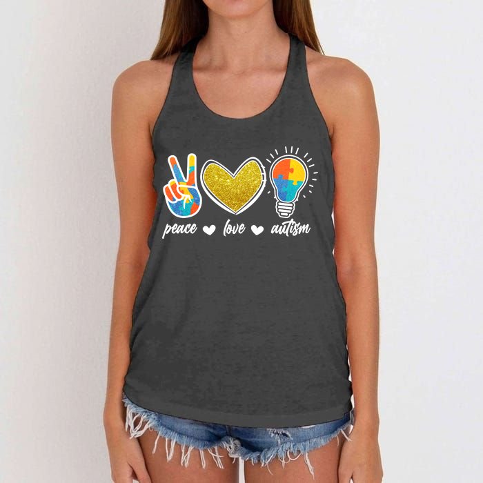 Peace Love & Autism Autism Awareness Month Women's Knotted Racerback Tank