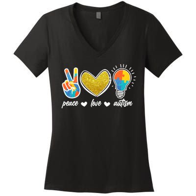 Peace Love & Autism Autism Awareness Month Women's V-Neck T-Shirt