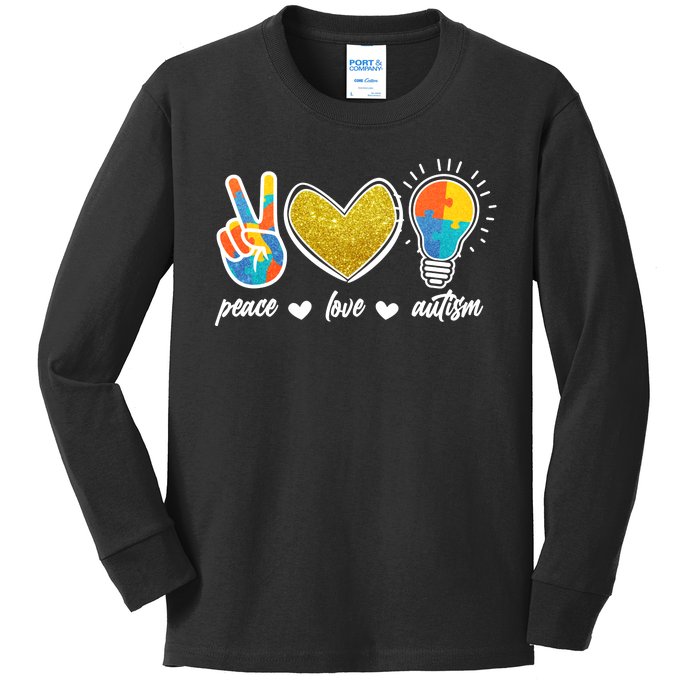 Peace Love & Autism Autism Awareness Month Kids Long Sleeve Shirt