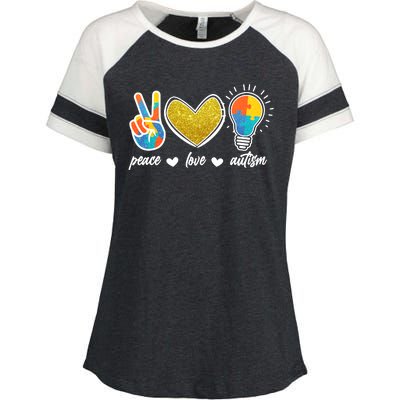 Peace Love & Autism Autism Awareness Month Enza Ladies Jersey Colorblock Tee