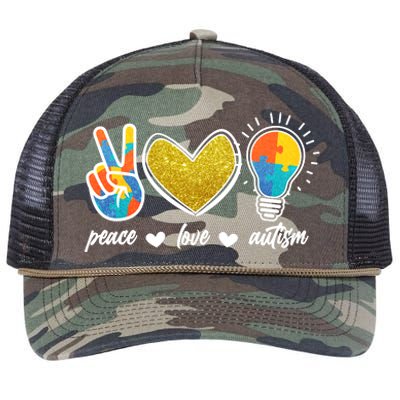 Peace Love & Autism Autism Awareness Month Retro Rope Trucker Hat Cap