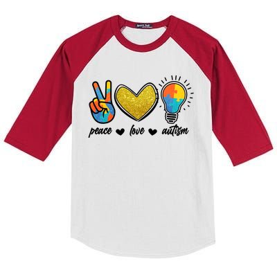 Peace Love & Autism Autism Awareness Month Kids Colorblock Raglan Jersey