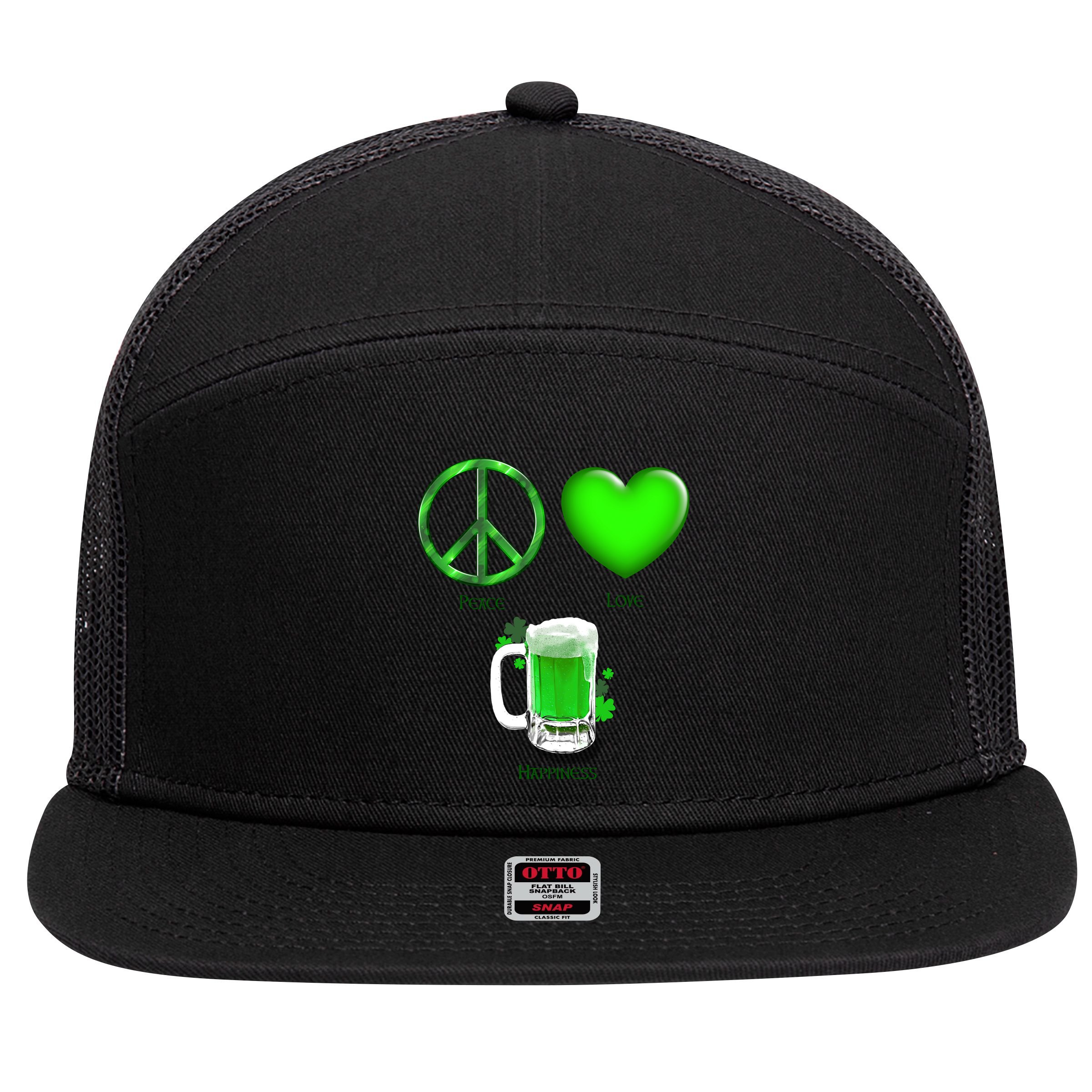 Peace Love Beer - Happiness Irish St. Patrick's Day 7 Panel Mesh Trucker Snapback Hat