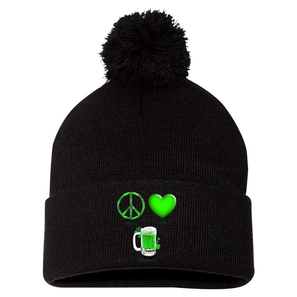 Peace Love Beer - Happiness Irish St. Patrick's Day Pom Pom 12in Knit Beanie