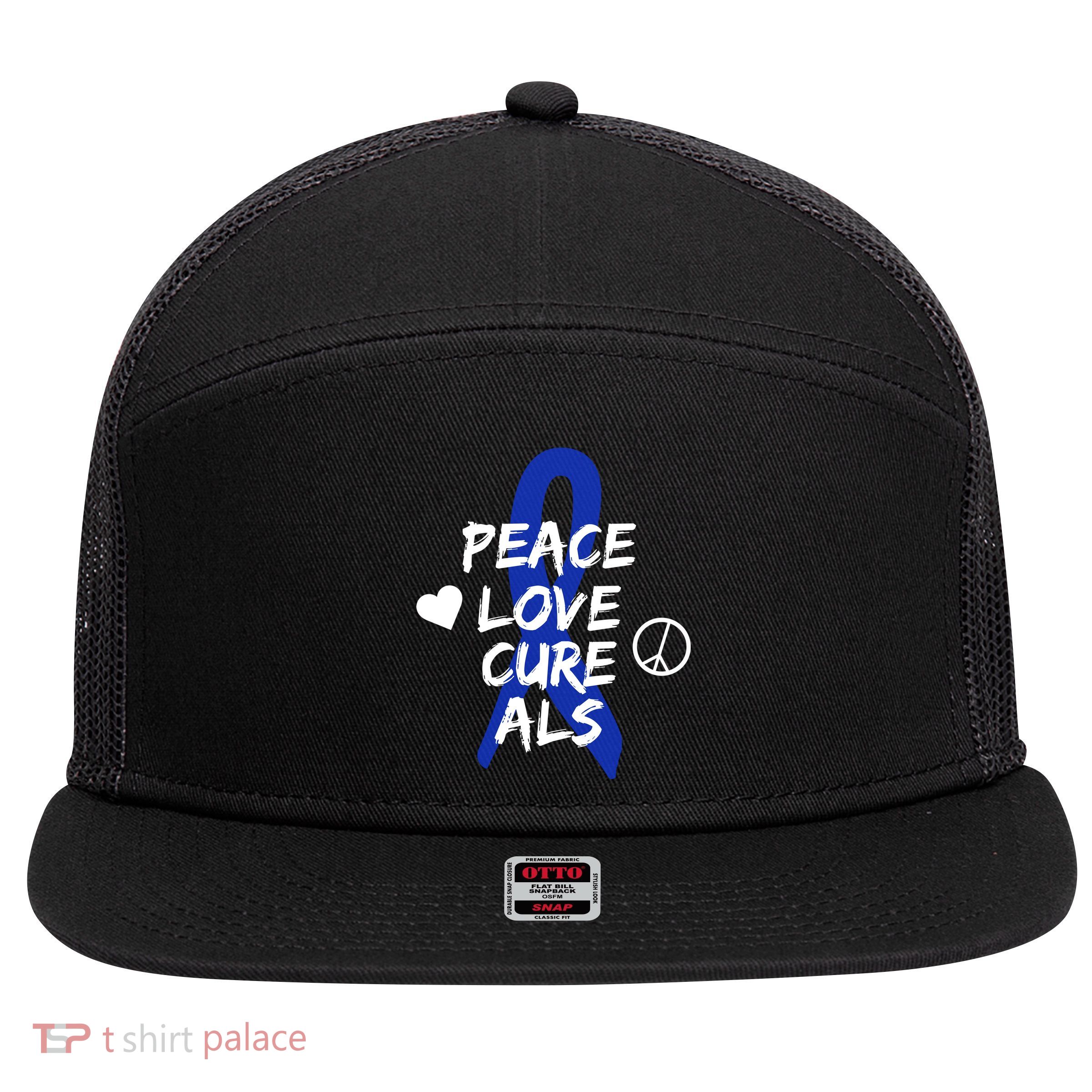 Peace Love Cure ALS Awareness 7 Panel Mesh Trucker Snapback Hat