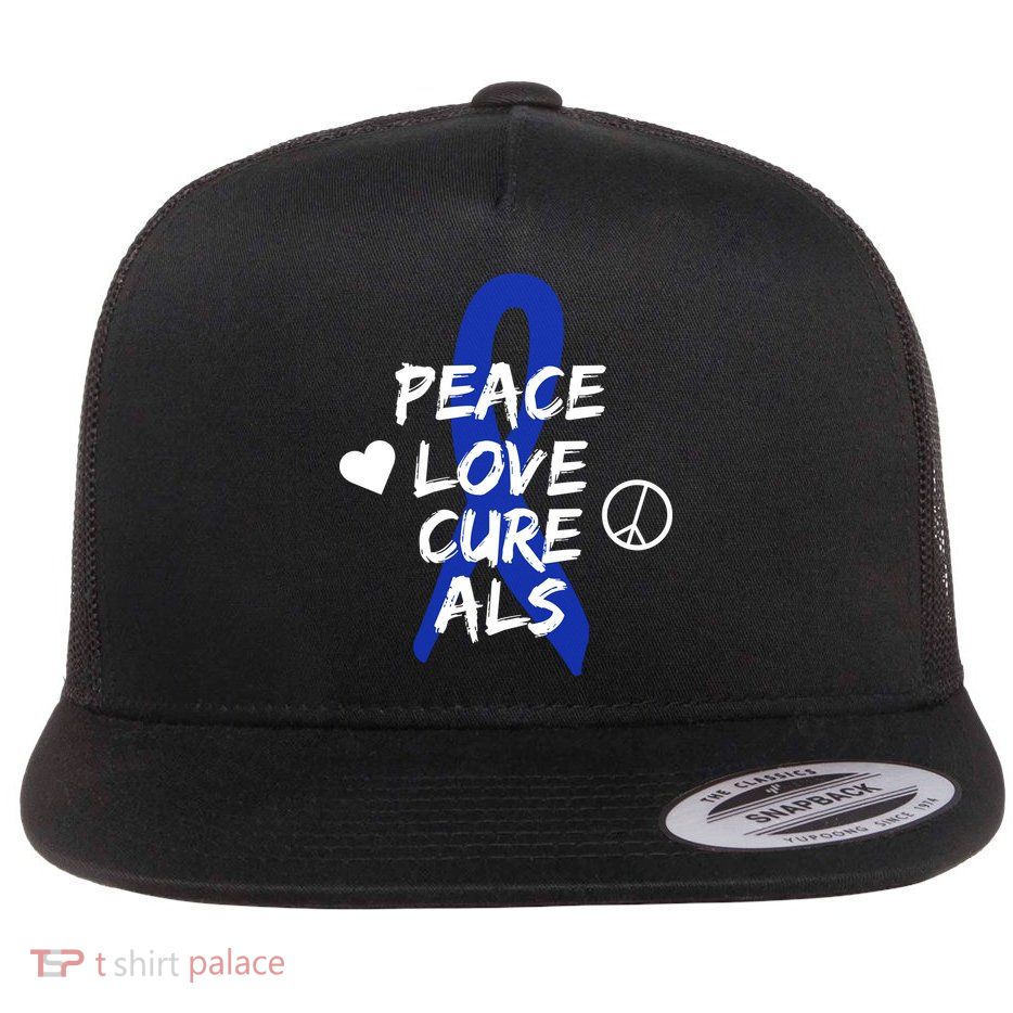 Peace Love Cure ALS Awareness Flat Bill Trucker Hat