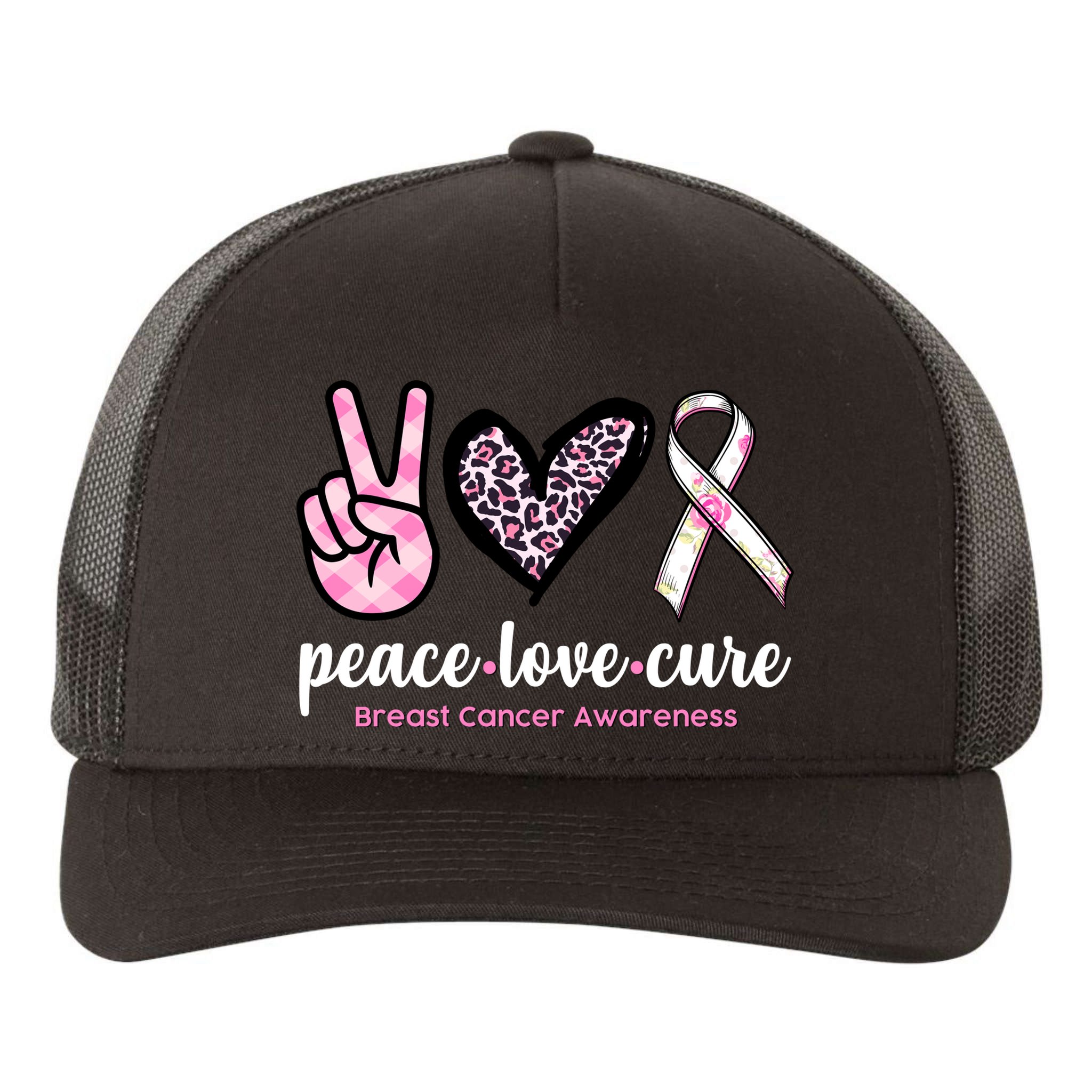 Peace Love Cure Breast Cancer Awareness Fashion Patterns Yupoong Adult 5-Panel Trucker Hat