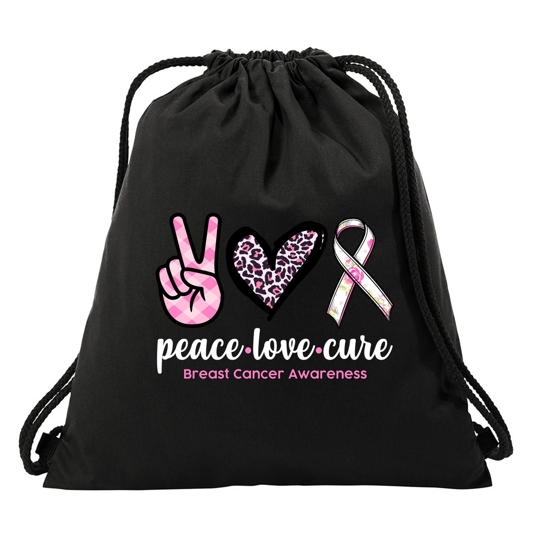 Peace Love Cure Breast Cancer Awareness Fashion Patterns Drawstring Bag