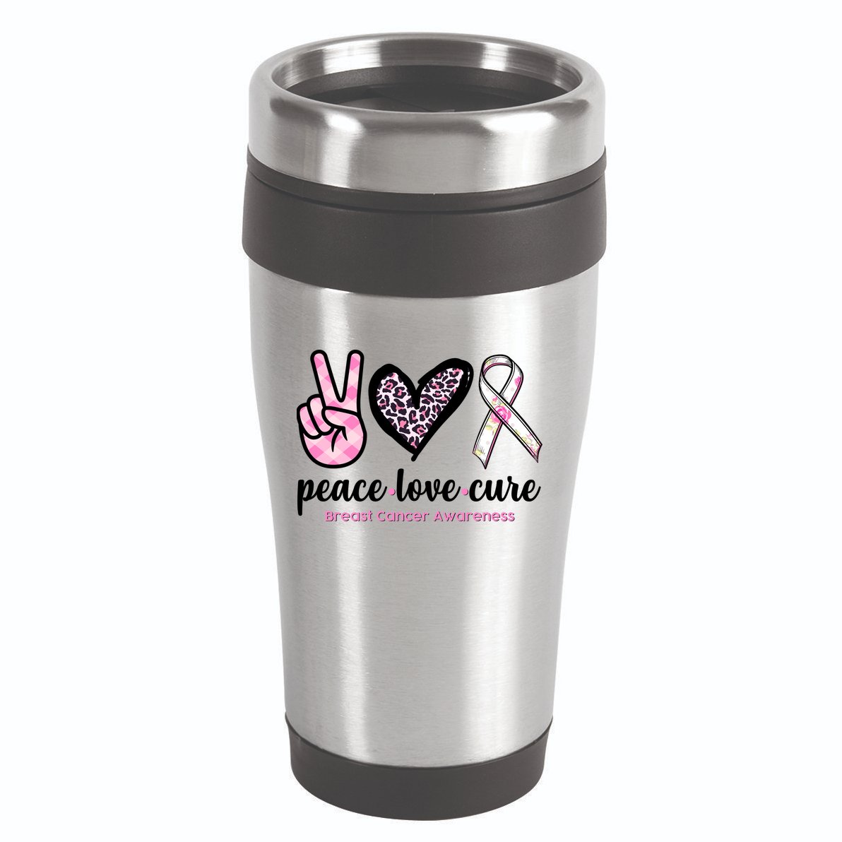 Peace Love Cure Breast Cancer Awareness Fashion Patterns 16oz Travel Tumbler