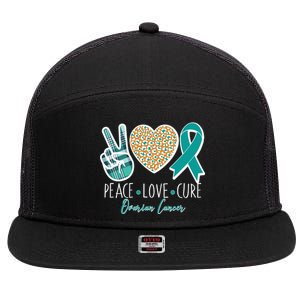 Peace Love Cure Ovarian Cancer Awareness 7 Panel Mesh Trucker Snapback Hat