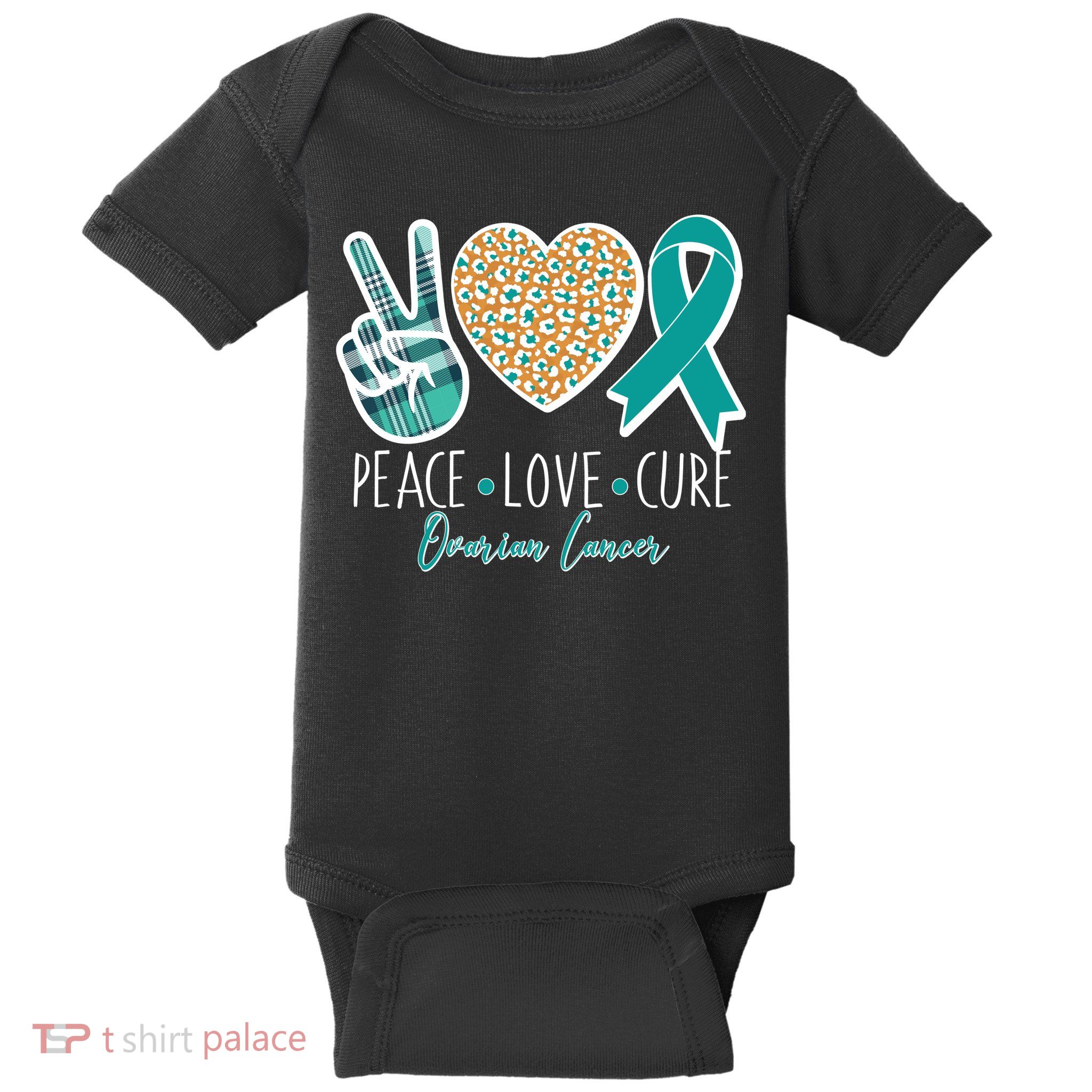 Peace Love Cure Ovarian Cancer Awareness Baby Bodysuit