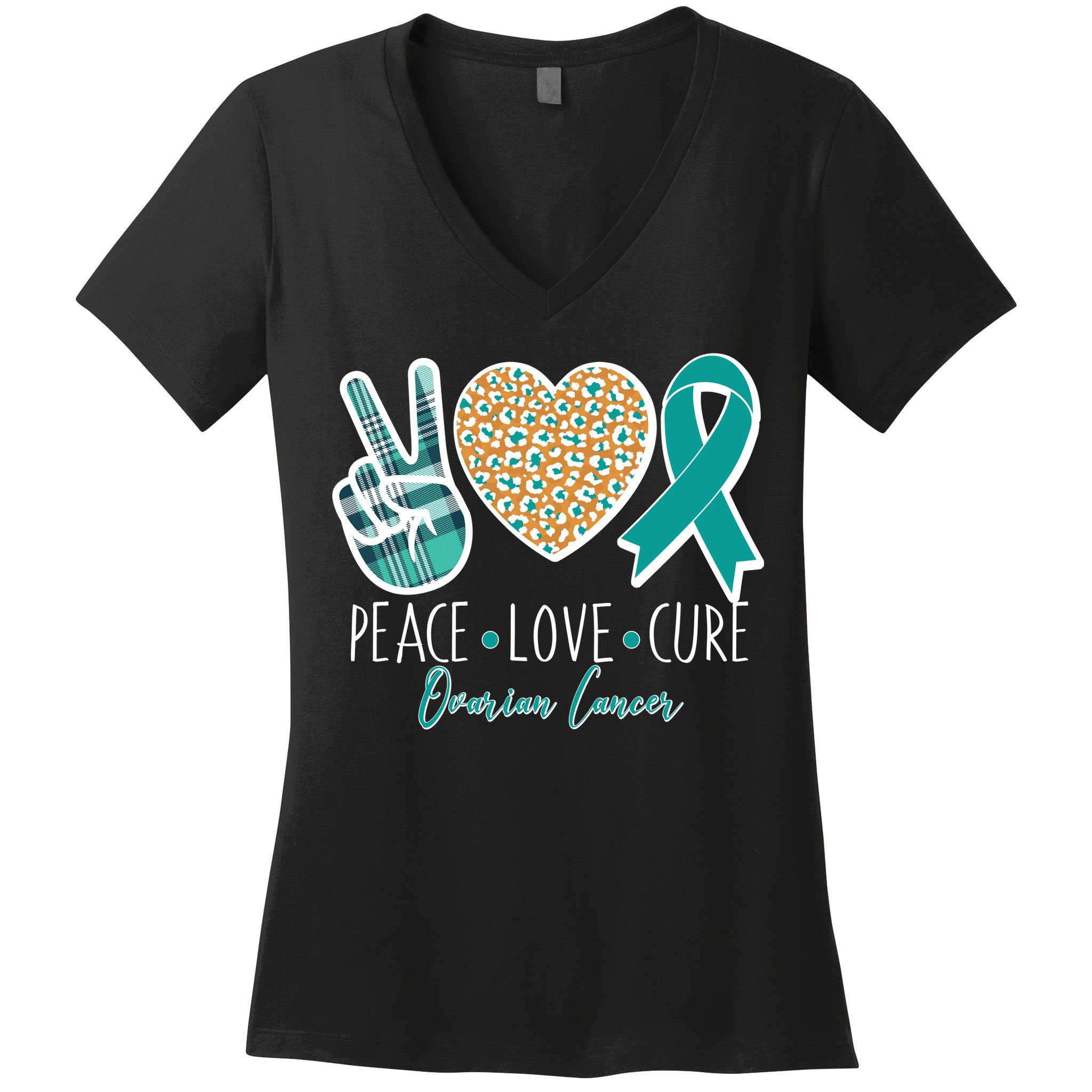Peace Love Cure Ovarian Cancer Awareness Women's V-Neck T-Shirt
