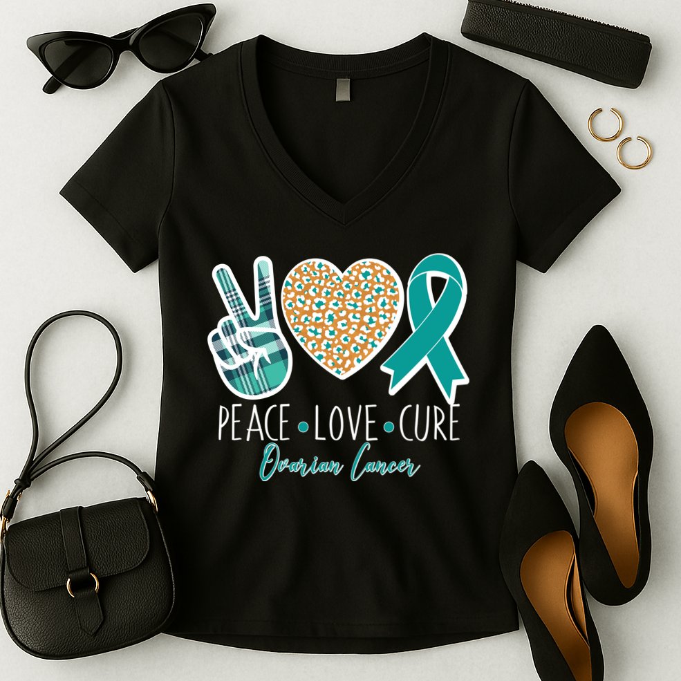 Peace Love Cure Ovarian Cancer Awareness Women's V-Neck T-Shirt