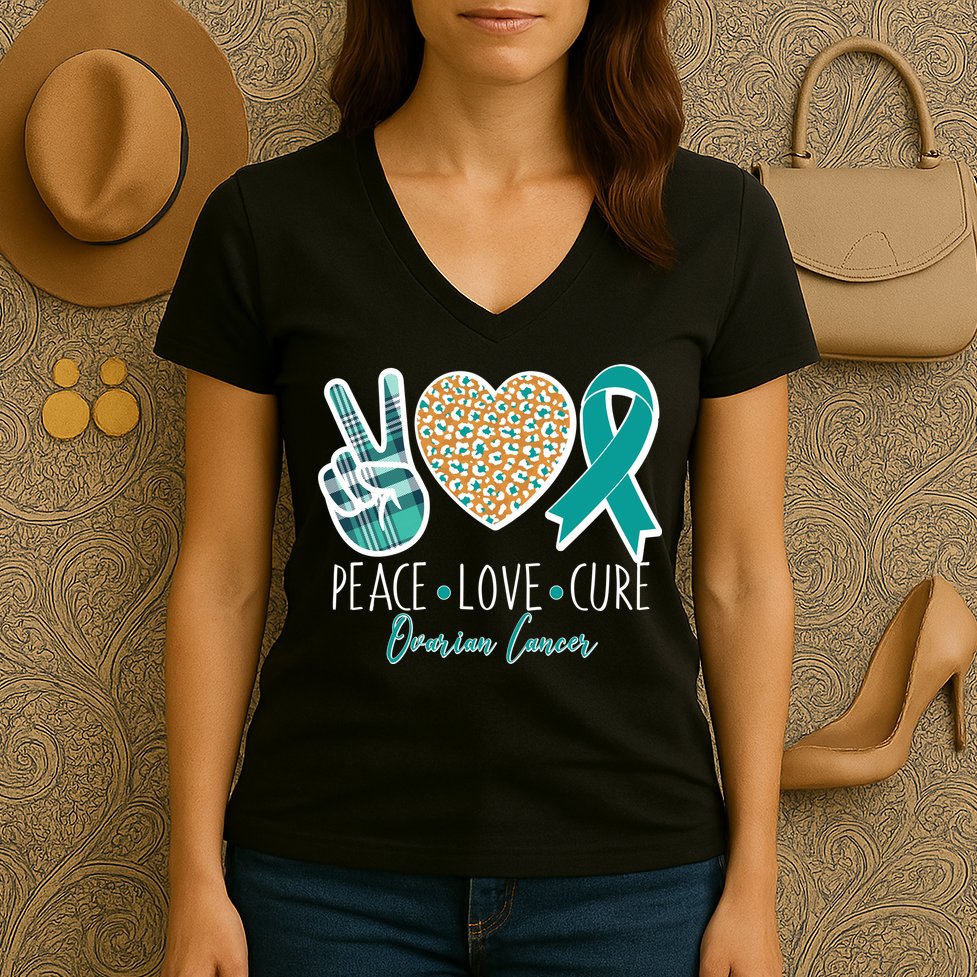 Peace Love Cure Ovarian Cancer Awareness Women's V-Neck T-Shirt