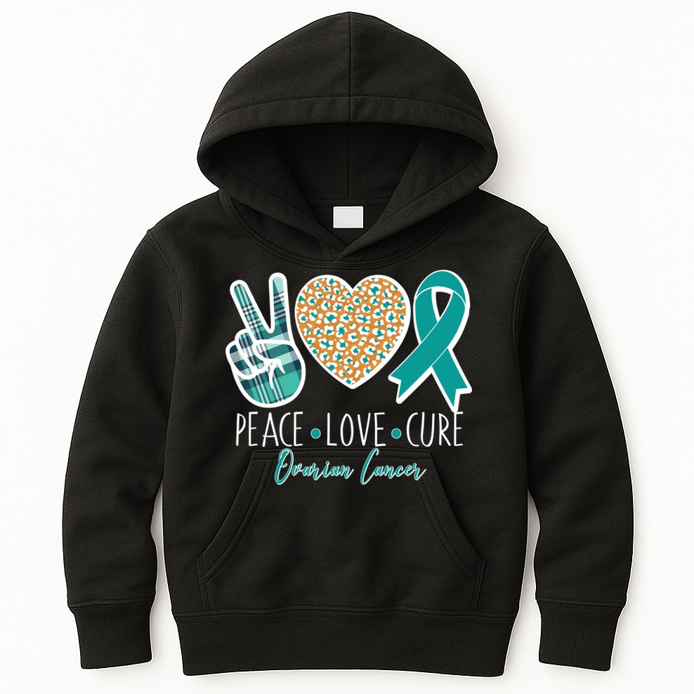 Peace Love Cure Ovarian Cancer Awareness Kids Hoodie